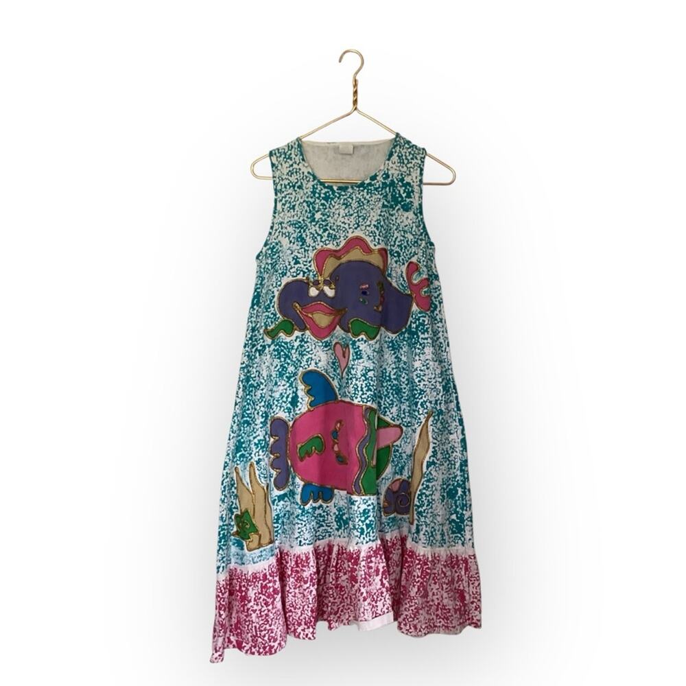 VTG 90s Handpainted Funky Fish Print Tropical Oceanic Sleeveless Measure Medium